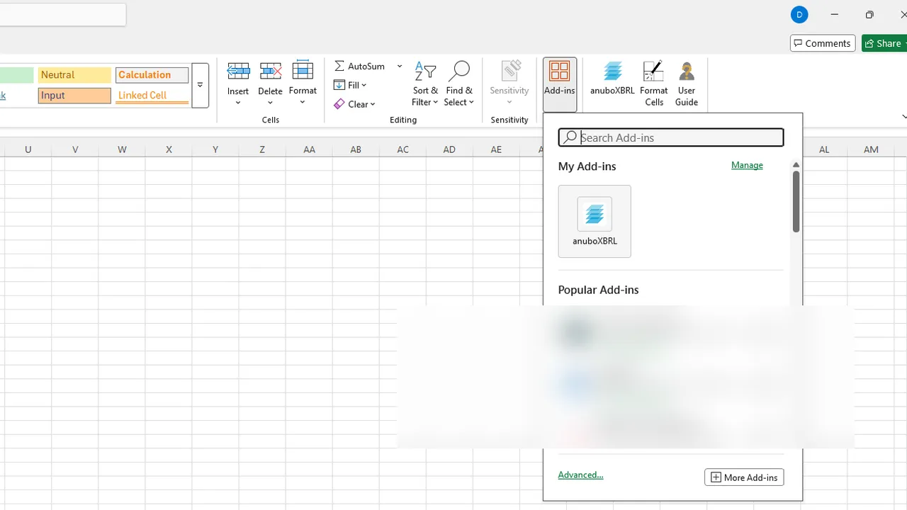 Insert tab with Add-ins menu showing anuboXBRL under My Add-ins