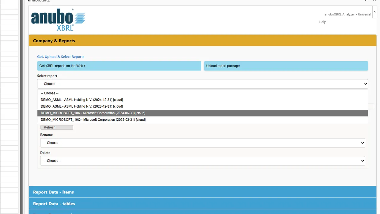 Company and Reports with Select report dropdown