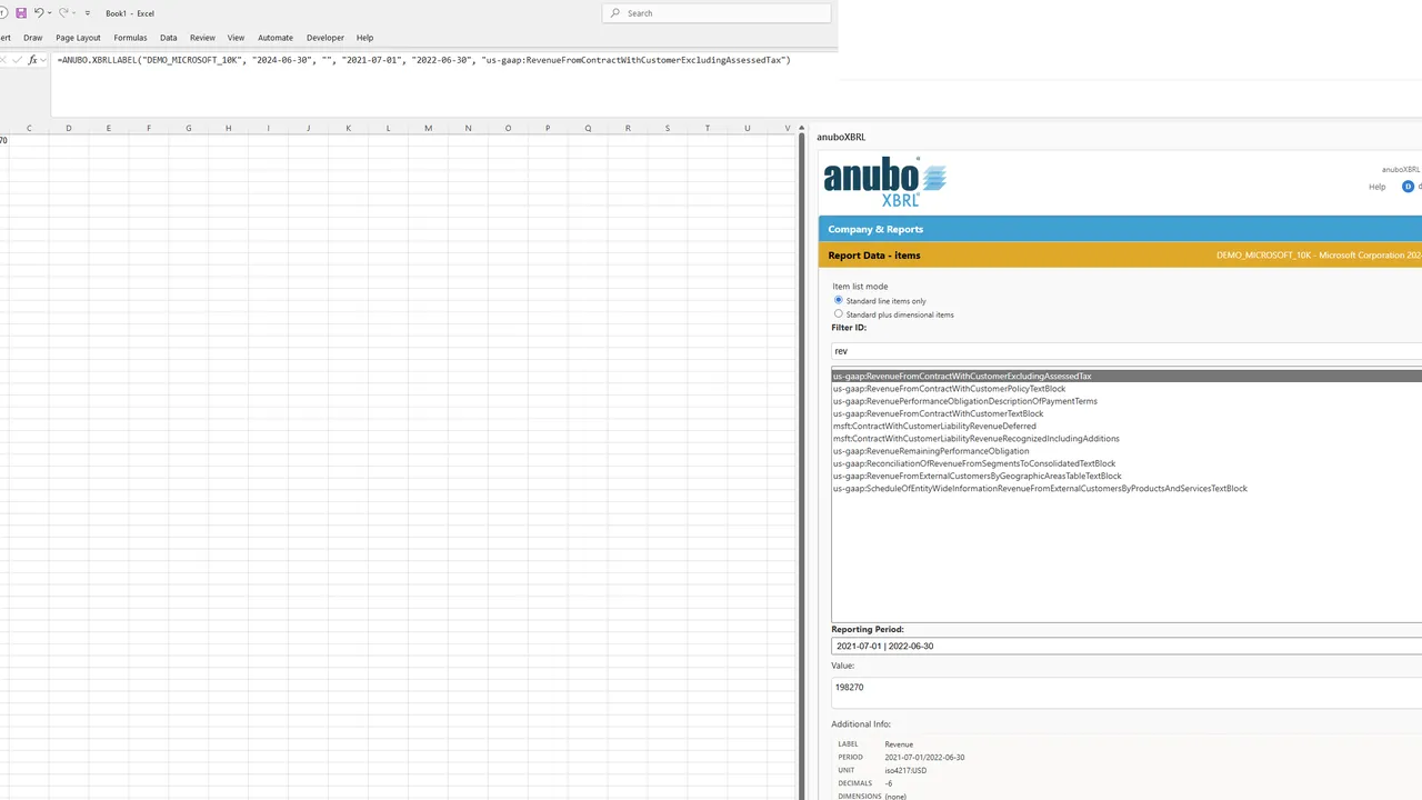 Report Data items with Revenue selected, preview value, and Insert Label/Value