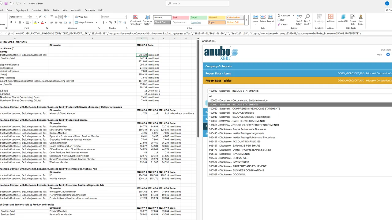 Report Data tables with link role selected and income statement in the sheet