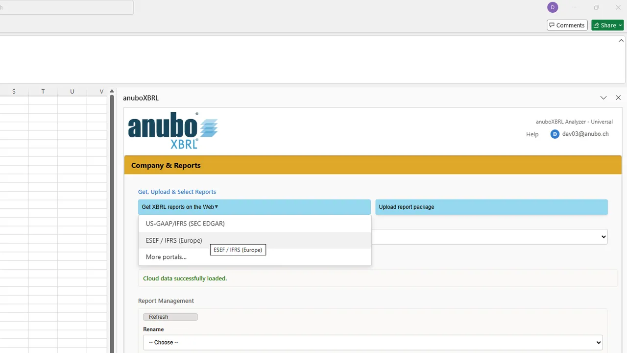 Get XBRL reports on the Web dropdown with SEC EDGAR and ESEF portals