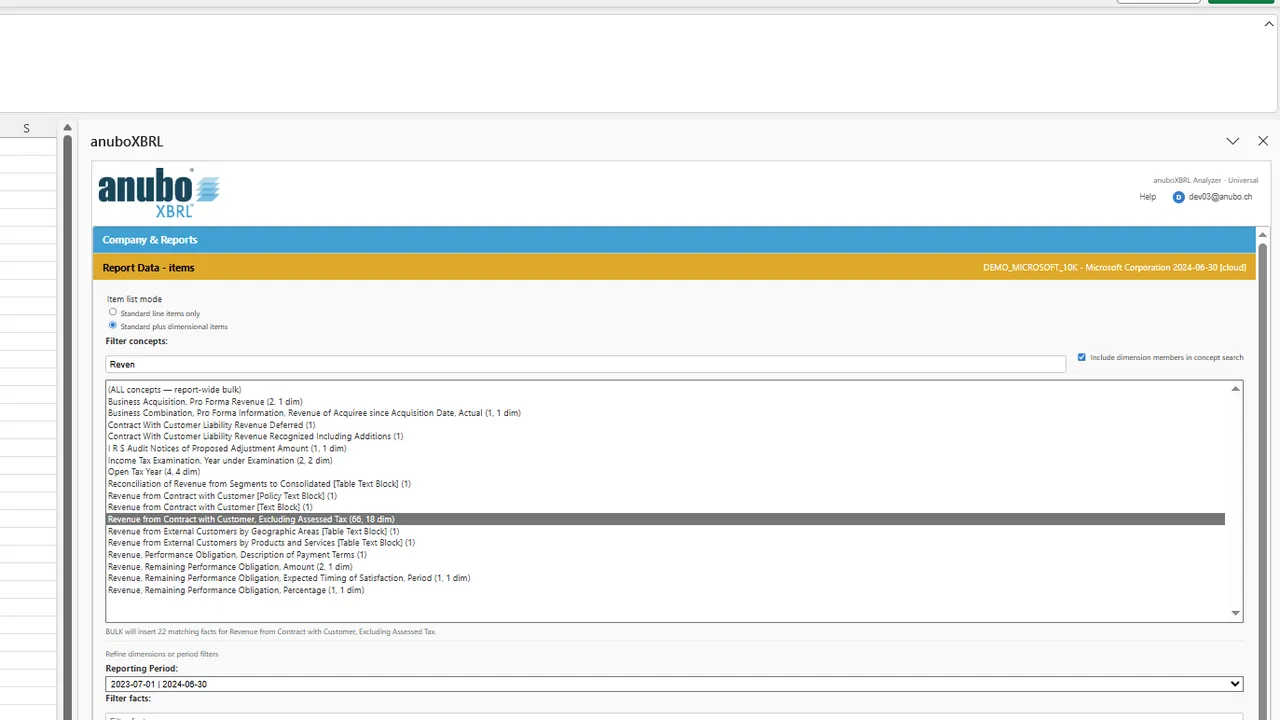 Dimensional facet panel with period, fact filter, and axis member dropdowns