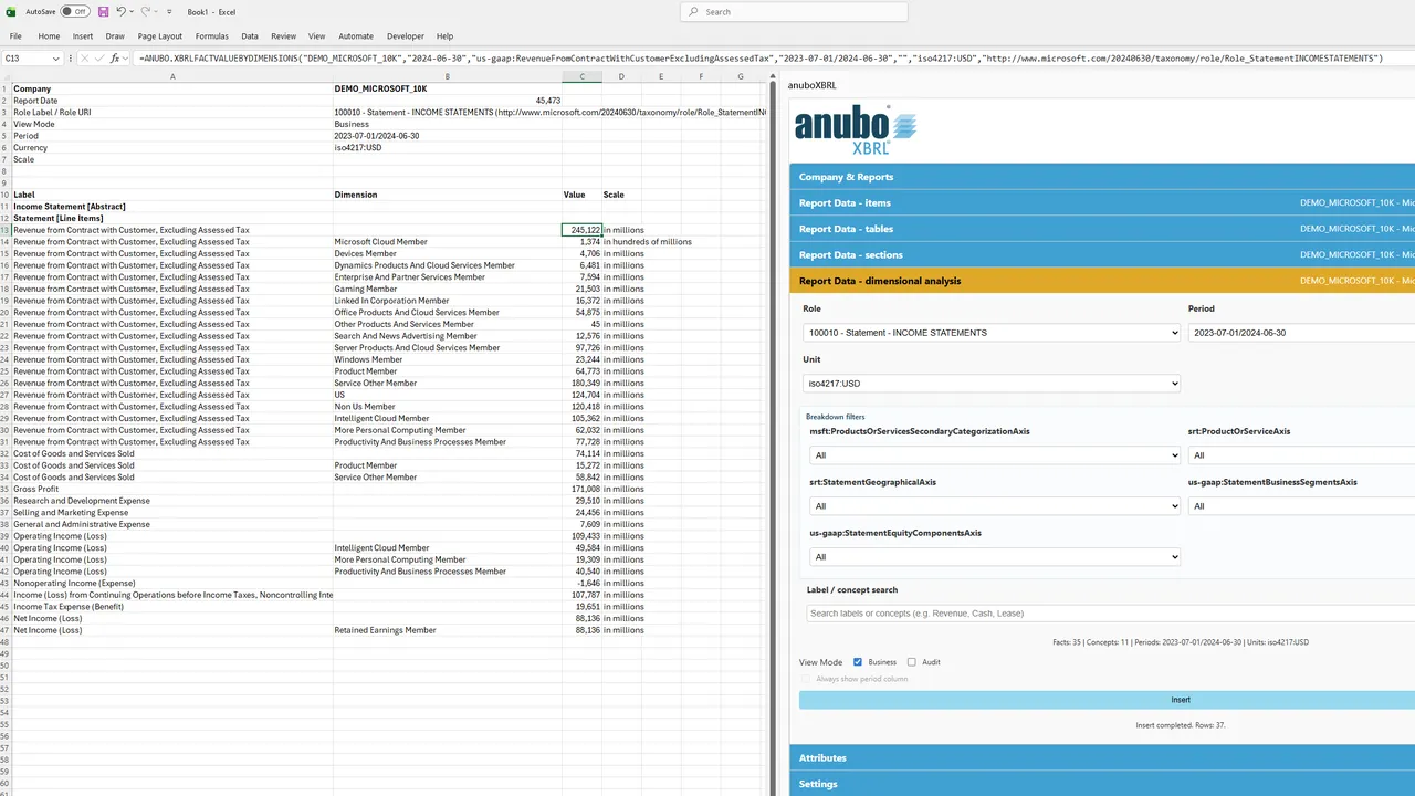 Dimensional analysis filters with role, period, unit, and breakdown axis dropdowns