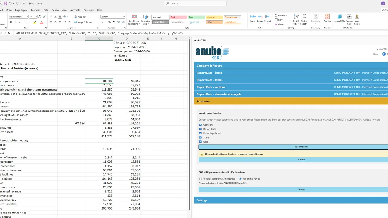 Insert report header with column checkboxes and destination cell prompt